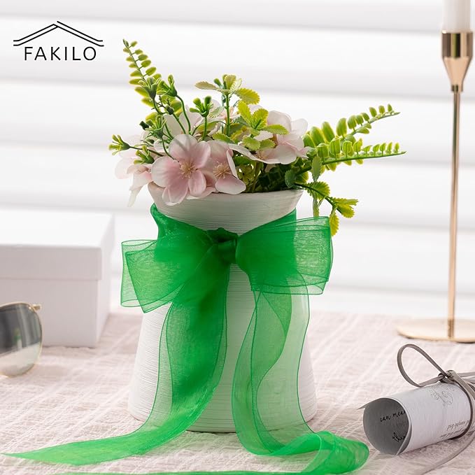 Green Organza Ribbon for Gift Wrapping, FAKILO 2 Inch Shimmer Sheer Wrapping Ribbon for Bouquet, Wedding,Festival - 50 Yards Each Roll