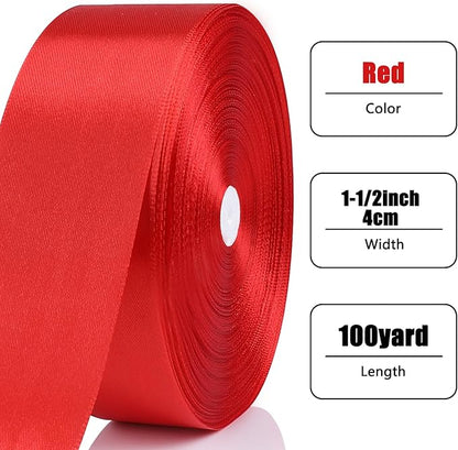 NESCCI 100 Yards Ribbon,1-1/2 Inch Red Satin Ribbon,Single Face Satin Ribbons,Perfect for Gift Wrapping,Wedding Decoration,Handmade Bows, Wrapping Bouquet and More