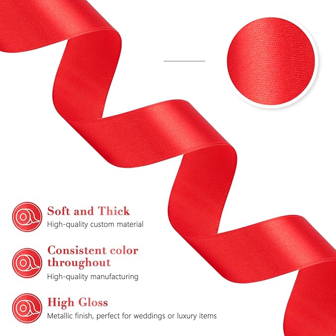 Red Ribbon 1 Inch 60 Yards, Versatile Solid Satin Ribbon for Flower Bouquet, Graduation Lei, Crafts, Gift Wrapping, Baby Shower, Christmas and Wedding