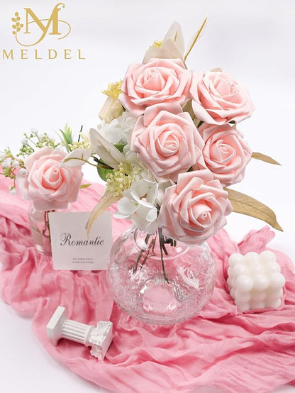 Meldel Artificial Flowers 25pcs Real Looking Blush Foam Fake Roses with Stems for DIY Wedding Bouquets Bridal Shower Centerpieces Floral Arrangements Home Decorations