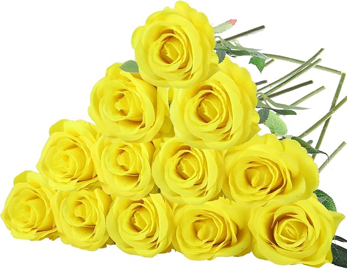 Felice Arts 12 Pack Lemon Yellow Artificial Flowers with Stems Silk Roses Fake Flowers Bouquet for Wedding Centerpiece Table Vase Home Kitchen Party DIY Decor