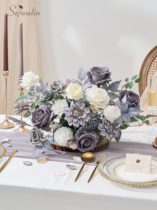 Serwalin Grey Artificial Flowers, Silk Fake Flowers for DIY Wedding Bridal Bouquets, Wedding Cake Flowers for Table Centerpieces Baby Shower Birthday Party Home Decorations