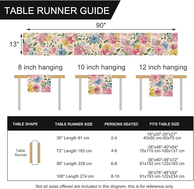 Seliem Spring Summer Watercolor Flower Table Runner, Peony Floral Kitchen Dining Table Decor, Seasonal Burlap Home Decoration Indoor Outdoor Party Supply 13 x 90 Inches