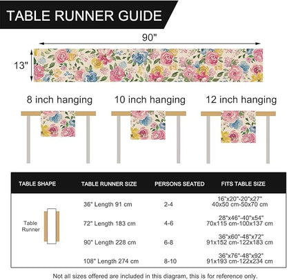 Seliem Spring Summer Watercolor Flower Table Runner, Peony Floral Kitchen Dining Table Decor, Seasonal Burlap Home Decoration Indoor Outdoor Party Supply 13 x 90 Inches