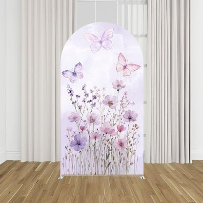 KONPON Butterfly Arched Backdrop Cover Spring Pink Purple Flowers Stretchy Arched Stand Cover for Girls Birthday Party Decorations (No Stand!)
