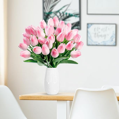 Sggvecsy 30 Pcs Fake Tulips Artificial Flowers Real Touch PU Faux Flowers Tulip Stems for Wedding Spring Bouquet Floral Arrangement Home Party Office Decorations for Mother's Day (Light Pink)