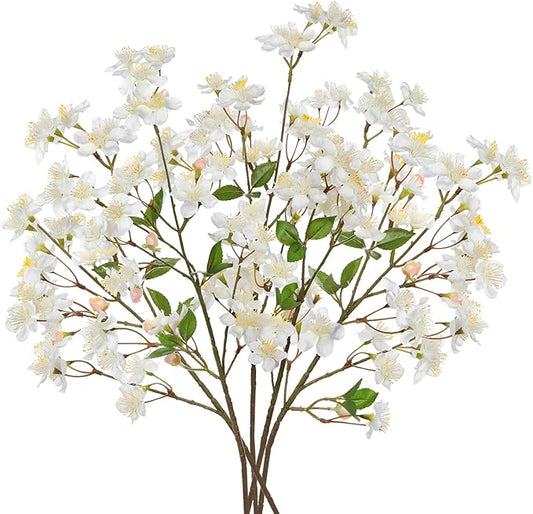 DILATATA Artificial Cherry Blossom Flowers 5 Pcs Silk Cherry Blossom Stems 27.5 Inch Long Stems Faux Silk Peach Flowers for Tall Vase Spring Decor Wedding Party Home Table Arrangement - White