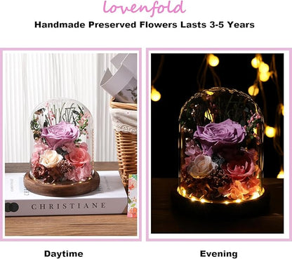 Flowers for Delivery Prime Preserved Flowers Lilac Roses with LED Light in a Glass Dome,Long Lasting Real Roses Birthday Gifts for Women Daughter Mom Wife Friend（Lilac Rose）