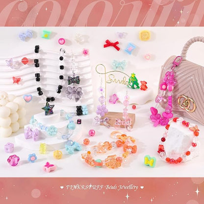 Assorted Acrylic Beads, 130-180PCS 3 Mixed Colors Cute Beads for Bracelet Making, GummyBear Bow Flower Kawaii Charms for Jewelry Making DIY Necklace Keychain Phone Charm Christmas Gift