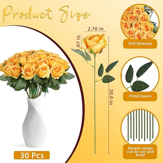 30pcs Fake Roses Artificial Silk Flowers Long Stems Bouquet for Wedding Bridal Shower Party Home Decoration (Gradient Yellow)