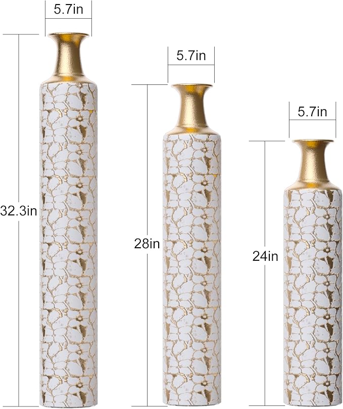 Floor Vases, Tall Home Decor Metal Vase Set of 3 Large Glazed Decorative Vases for Wedding Decor, Elegant Modern Flower Holder for Living Room, Entryway, Hallway, Dining Room
