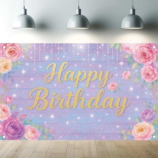 71 x 43 Inch Happy Birthday Backdrop Purple Pink Floral Glitter Rose Birthday Party Decorations Banner for Girls Women Kids Birthday Supplies Photo Booth Wall Backdrop Photography Props