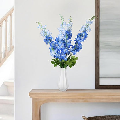 4 Pcs Blue Delphinium Artificial Flowers 33.1'' Faux Flowers Lifelike Fake Larkspur Long Stem Silk Plant for Wedding Party Tall Vase Outdoor Bouquet Decor