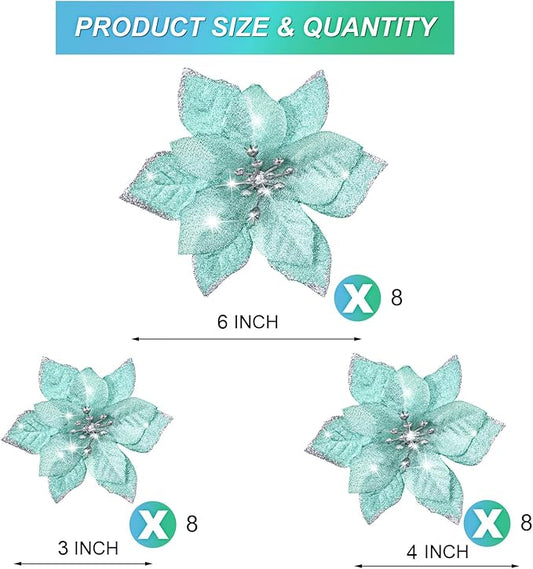 WILLBOND 24 Pcs 3 Size Poinsettia Flower Artificial Christmas Decor Glitter Poinsettia Christmas Ornaments Faux Flowers for Xmas Tree Outdoor(3.2/4/6 Inches,Blue and Green)