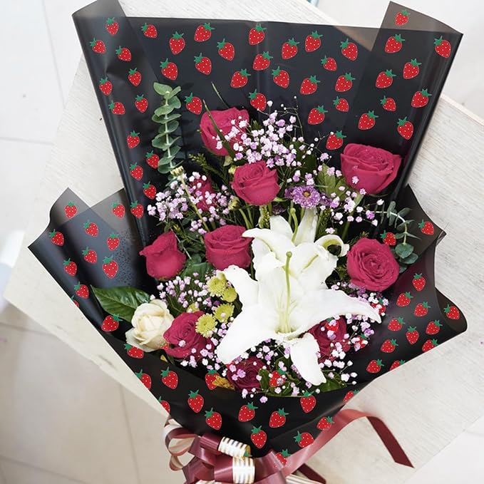 HLTOO 20 Sheets Flower Wrapping Paper, Bouquet Floral Packaging Paper with Strawberry Pattern, for Wedding, Party, Mother's Day, Birthday, and DIY Craft Florist Supplies (BlackBlack)