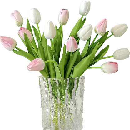 12pcs Tulips Artificial Flowers Real Touch Silk Faux Flowers Tulip Stems for Wedding Spring Bouquet Floral Arrangement Home Party Office Decorations (White & Pink)