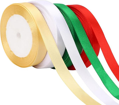 DECYOOL 4 Rolls 100 Yards Christmas Satin Ribbons 15mm Wide Holiday Craft Ribbons for Gift Wrapping and Xmas Decoration, Red & Green & Gold & White