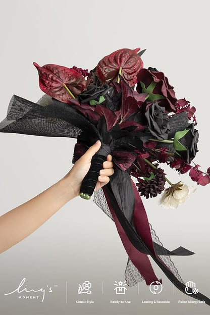 Ling's moment Black and Burgundy Wedding Bouquets for Bride, Gothic Bridal Bouquets for Bride, 13 Inch Free Form Artificial Wedding Flower Bouquet