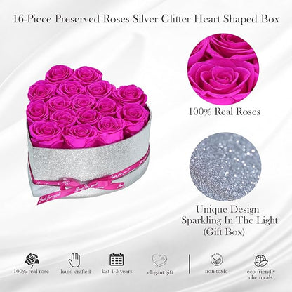 Flowers for Delivery, 16 Hot Pink Preserved Rose in Heart Shaped Box, Real Forever Roses Birthday Anniversary Valentines Day Mothers Day Flowers Gifts for Women Mom.Wife Her