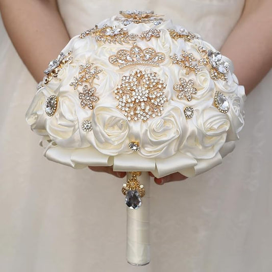 Handmade Satin Rose Floral Bling Pearl Decor Bridal Wedding Bouquet Rhinestone Pendant Artificial Brooch Flowers for Bride Bridesmaid Quinceanera