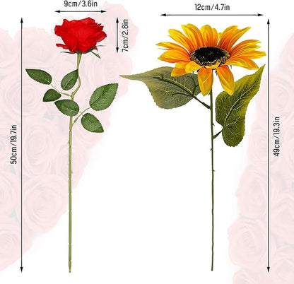 Waipfaru 16 Pcs Fake Roses Sunflowers Artificial Flowers Bulk, Silk Red Roses Yellow Flowers Artificial with Long Stems for Outdoors Wedding Bouquet Vase Flower Arrangement Decoration