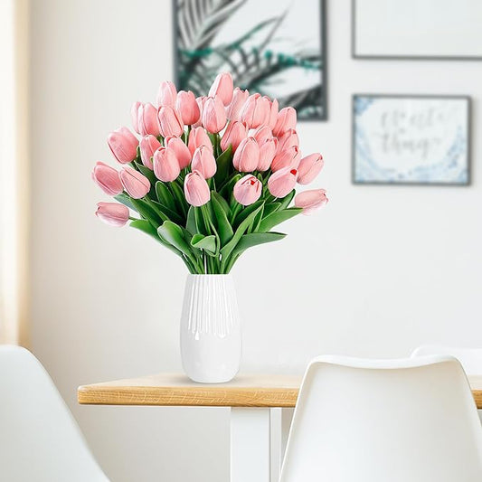 Sggvecsy 15 Pcs Fake Tulips Artificial Flowers Real Touch PU Faux Flowers Tulip Stems for Wedding Spring Bouquet Floral Arrangement Home Party Office Decorations for Mother's Day (Milk Pink)