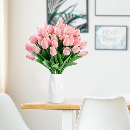 Sggvecsy 30 Pcs Fake Tulips Artificial Flowers Real Touch PU Faux Flowers Tulip Stems for Wedding Spring Bouquet Floral Arrangement Home Party Office Decorations for Mother's Day (Milk Pink)