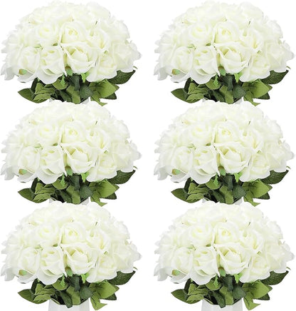 Jexine 50 Pcs Artificial Rose Flower Bulk Realistic Silk Fake Roses with Long Stem Plastic Artificial Flower Bouquet Real Looking for Home Wedding Centerpieces Party Decoration(Beige)