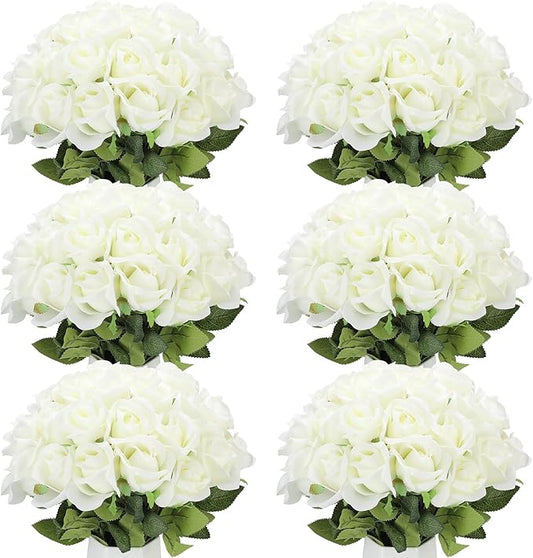 Jexine 50 Pcs Artificial Rose Flower Bulk Realistic Silk Fake Roses with Long Stem Plastic Artificial Flower Bouquet Real Looking for Home Wedding Centerpieces Party Decoration(Beige)