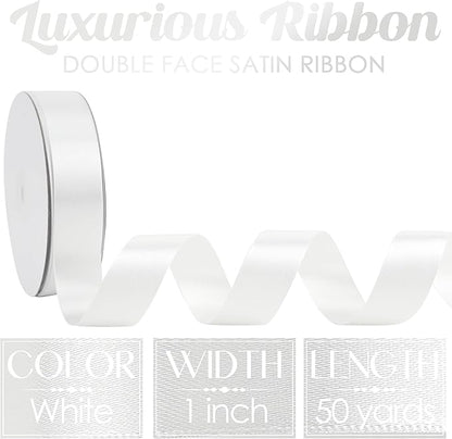 MEEDEE White Ribbon 1 Inch White Satin Ribbon Lux Double Faced Satin Ribbons by 50 Yards Polyester Wrapping Ribbons for Crafts, Weddings, Flower Bouquet, Holiday Decorating