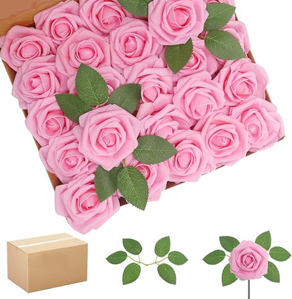 Artificial Flowers Roses Real Looking Foam Fake Roses with Leaves and for DIY Wedding Bouquets Bridal Shower Centerpieces Party Decorations (Dark Pink, 200)