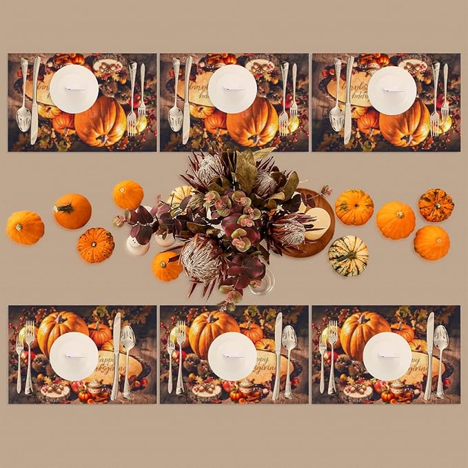 Thanksgiving Holiday Modern Pumpkins Placemats Set of 4 PVC Vinyl Non Slip Table Mats Heat Resistant Place Mats Washable Wipeable Dining Table Mat for Kitchen Party Indoor Outdoor Decorative Gift