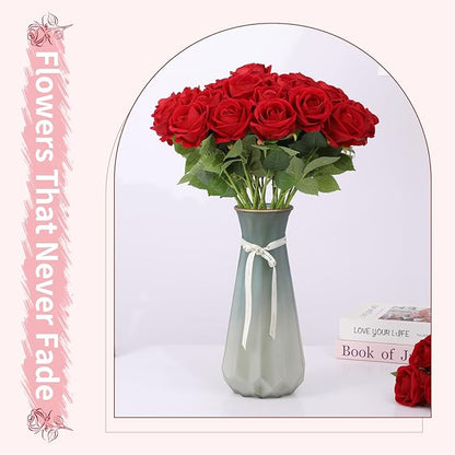 102 PCS Red Roses Artificial Flowers, Fake Red Rose Bouquet, Artificial Silk Red Roses with Stems for Wedding Flowers Decoration, Valentines Day Mothers Day, Bridal Bouquet Roses