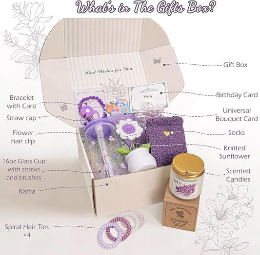 Christmas Birthday Gifts for Teen Girls, Women, Her, Unique Happy Birthday Gift Baskets for Girls Best Friend Sister, Women Gifts Box for Daughter Girlfriend,14pcs Campanula Teenage Gift Set(Purple)