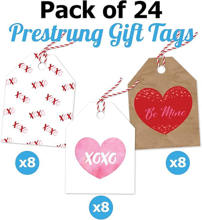 Pro Supply Global 24 Count of 2.5 Inch x 3 Inch Pre Strung XOXO Valentine's Day Gift Tag Assorted Printed Designs on Large Cardstock Gift Hang Tags - Ideal to Use on Bags