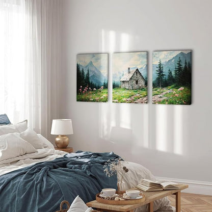SERIMINO Nature Landscape Canvas Wall Art for Living Room, Forest Mountain Canvas Prints Paintings Room Decor, Cottage Meadow Wildflower Modern Farmhouse Wall Decor Set of 3, 12"X16"