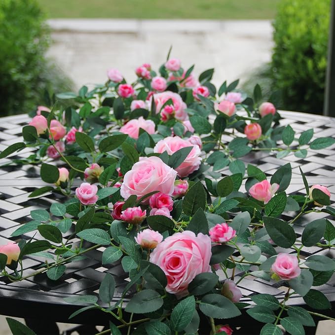6FT Bendable Flower Garland, Artificial Rose Vine Hanging Floral Garland Decoration for Weding Home Room Wall Decor (Pink, 2pcs)