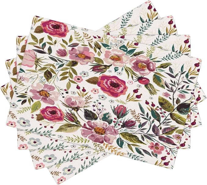 Watercolor Flower Linen Placemats Set of 4,Summer Floral Non Slip Heat-Resistant Washable Table Place Mats Tablemats for Kitchen Dining Table 4 PCS, Pink Flowers