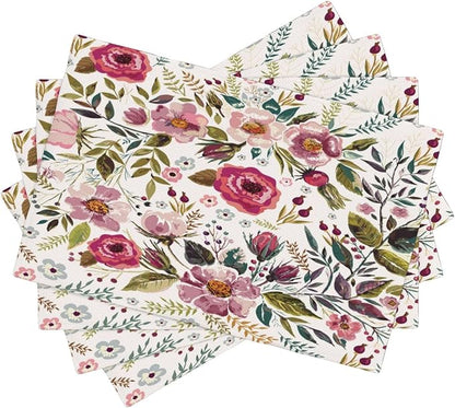 Watercolor Flower Linen Placemats Set of 4,Summer Floral Non Slip Heat-Resistant Washable Table Place Mats Tablemats for Kitchen Dining Table 4 PCS, Pink Flowers