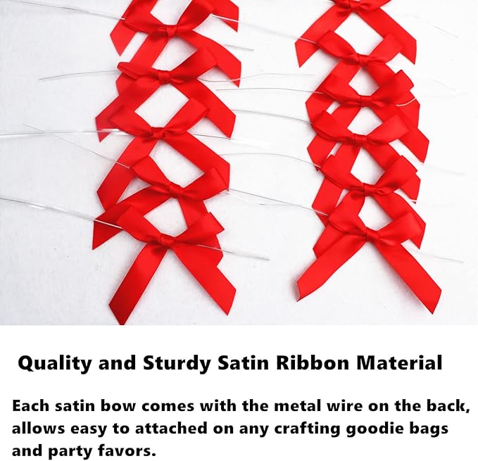 100 Pieces Red Bow Twist Ties for Bags, Satin Twist Tie Bows for Cake Pops, Twist Bows for Treats, Pre Tied Bows for Gifts Wrapping, Ribbon Bows, Pretied Bows Ties for Christmas Gift Wrap Bows