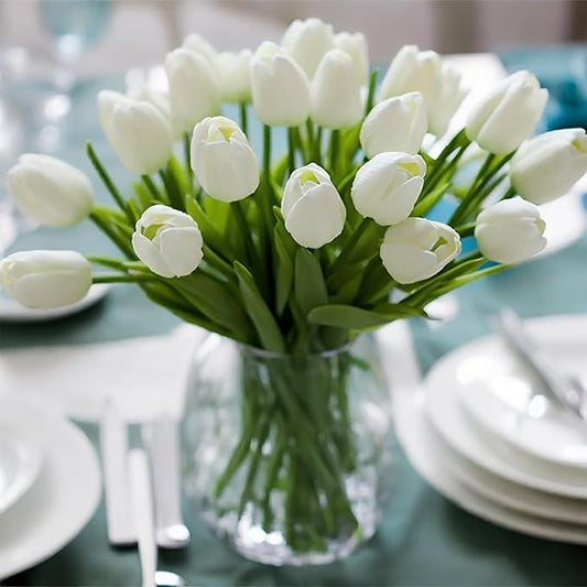 WeTop 30pcs Real Touch Tulips PU Artificial Flowers, Fake Tulips Flowers for Arrangement Wedding Party Easter Spring Home Dining Room Office Decoration. (White, 14" Tall)