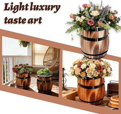 Sunmuliiiy1Pcs Wood Wine Barrel Vase 8" x 6.5" Rustic Wooden Flower Vase Rustic Barrel Barrel Planter for Wedding Reception Table Decoration Home Indoor Outdoor Garden, Kitchen, Party Table Decoration