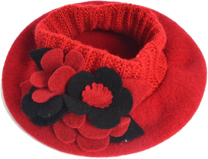 VECRY Lady French Beret 100% Wool Beret Floral Dress Beanie Winter Hat