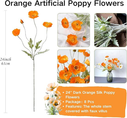 ASTRYAS 8 Stems Artificial Flowers Fake Faux Poppy Silk Bouquet Orange Flowers for Wedding, Home, Party Decoration,Table Centerpiece Arrangement(8, Orange)