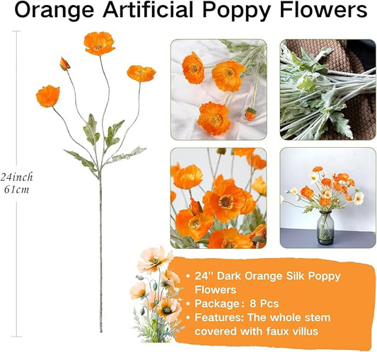 ASTRYAS 8 Stems Artificial Flowers Fake Faux Poppy Silk Bouquet Orange Flowers for Wedding, Home, Party Decoration,Table Centerpiece Arrangement(8, Orange)