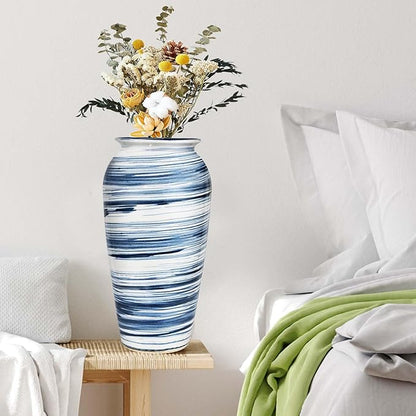 Decorative Ceramic Boho Floor Vase, 12 Inch Blue White Striped Tall Modern Flower Vase for Home Decor, Smooth Glaze Pottery Decor for Living Room,Entryway,Office,Shelf,Centerpieces Decor,Housewarming