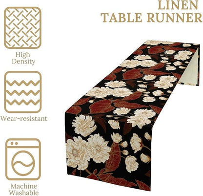 Red Gold Floral Table Runner, Boho Dark Flower Leaves Chinese Plum Blossoms Botanical Vintage White Gold Art Print Table Runner for Spring Holiday Decor, 13x70inch
