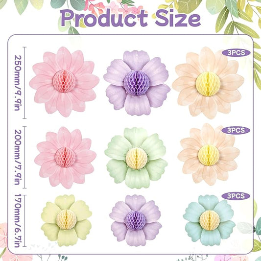 SUNBEAUTY 9 PCS Pastel Rainbow Party Decorations 10 Inch Giant Paper Flowers 3D Honeycomb for Party Pastel Hanging Flower Decorations for Girls Wall Birthday Wedding Backdrop Bridal Shower Classroom