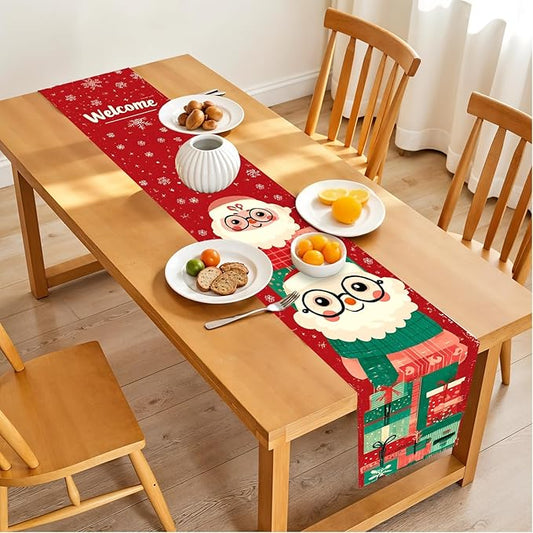 Christmas Table Runner – Red Holiday Table Decoration with Cute Santa Claus & Gifts Design, Festive Dining Table Decor for Christmas Party, Family Dinner, Kitchen & Living Room