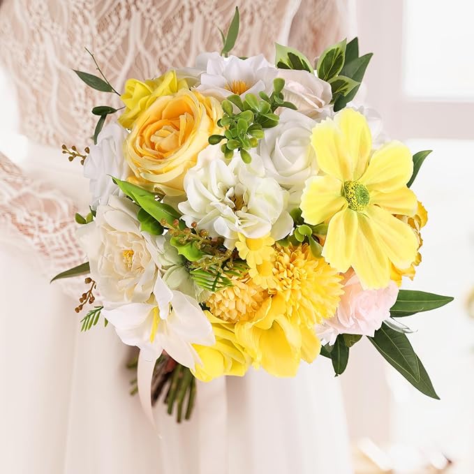 Artificial Flowers Combo Box Set Artificial Bouquets Wedding Flowers Faux Yellow Flowers Roses with Stems for Wedding Centerpieces Party Home Decor